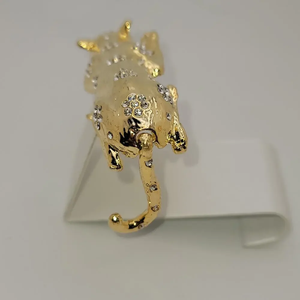 Vintage Gold-Tone Panther Brooch Green Rhinestone Eyes & Clear Rhinestones